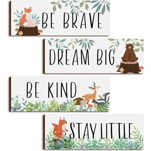 Yookeer 4 Pieces Woodland Nursery Decor Safari wall art Be kind brave curious Cute Jungle Animal Nursery Decor for Bedroom living room home 11x 3.9 Inches(White Background)