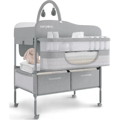 Baby Changing Table, Versatile Folding Changing Table, Waterproof Diaper Changing Station, Adjustable Height with 2 Drawers,Baby Changing Station, Mobile Nursery for Infant and Newborn