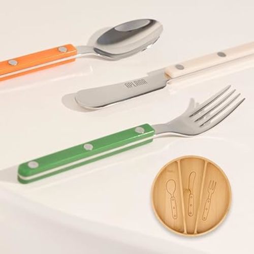 Kids Silverware Set, Stainless Steel Toddler Silverware with Bamboo Organizer, Montessori Kids Utensils, 10 Piece Cutlery Set with Forks, Spoons & Knives, Children Safe Metal Flatware