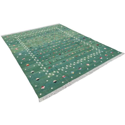 Modern Handmade Cotton Area Flat Weave Rug, Natural Vegetable Dyed, Forest Green Shooting Star Indian Dhurrie, Striped Kilim, Wall Tapestry