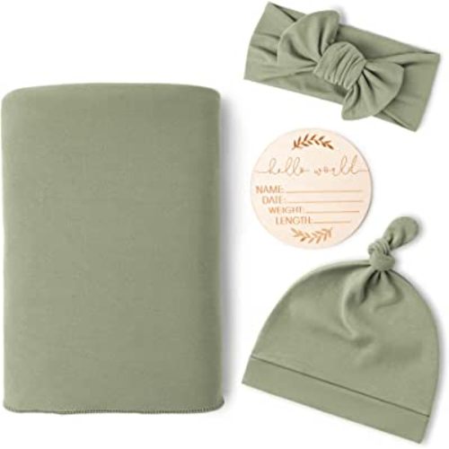 Konssy Baby Girl Newborn Receiving Blanket with Matching Headband and Beanie Set Baby Swaddle Nursery Swaddle Wrap(Sage)