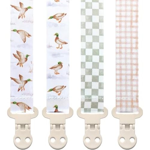 Baby Pacifier Clip Holder - Boy and Girl Unisex 4 Pack Gift Set – Neutral Checker Gingham Plaid Ducks Mallards Beige Brown and Green
