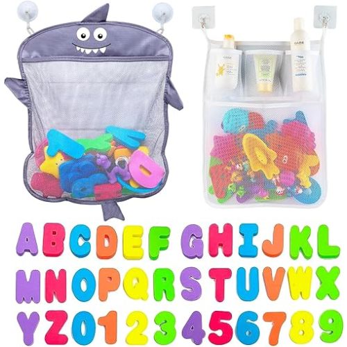 Comfylife Baby Bath Toy Organizer - Shark +36 Bath Letters & Numbers +Extra Bath Toy Storage Net & 10 Strong Hooks, Great Bath Net for Kids, Cute Bathtub Toy Organizer and Bath/Shower Caddy Solution