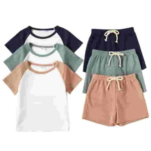 PatPat Toddler Boys Clothes Baby Boy Outfit Sets Kids Waffle Color Block Raglan Sleeve Tee & Solid Shorts Set,2-Piece, Brown,18-24M