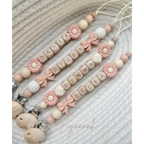 Personalised Crochet Flower Dummy Clip: Peach Beige Baby Girl Pacifier Holder