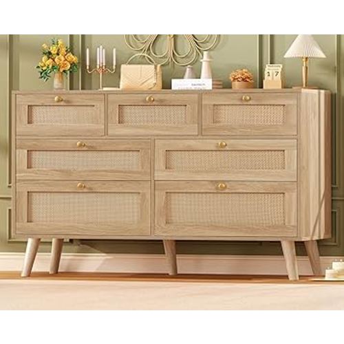 TEENFON Dresser for Bedroom, 47.2''Wide 7 Drawer Rattan Dresser, Wood Dressers TV Stand, Boho Dressers & Chests of Drawers for Bedroom, Entryway, Natural