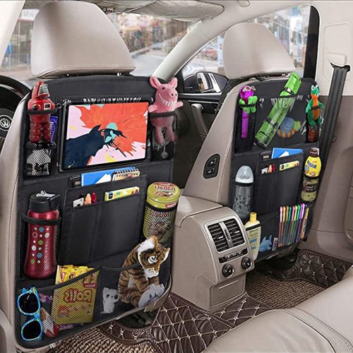 Car Backseat Organizer with 10" Table Holder, 9 Storage Pockets Seat Back Protectors Kick Mats for Kids Toddlers, Travel Accessories, 2 Pack - Black