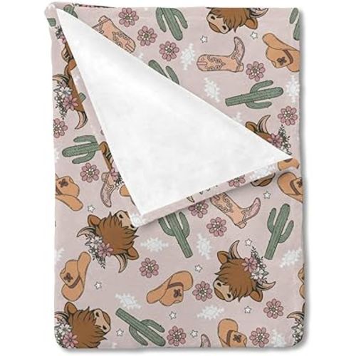 HawSkgFub Pink Highland Cow Cactus Floral Baby Blanket Girl Gift, Boho Western Cowgirl Boot Flower Flannel Fleece Nursery Bed Blankets, Soft Lightweight Newborn Infant Toddler Kid Crib Bedding 30 x 40