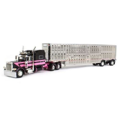 First Gear Dcp 1/64 Black & Pink Peterbilt 389 W/ Wilson Silverstar Livestock Spread-axle Trailer 60-1469