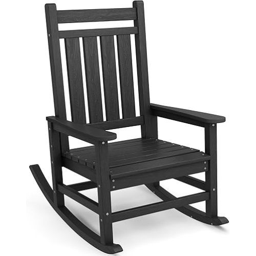 SERWALL Oversized Rocking Chair, Outdoor Rocking Chair for Adults, All Weather Resistant Porch Rocker for Lawn Garden, Black