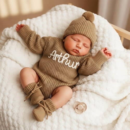 Personalized Knit Baby Romper: Embroidered Name, Crochet Onesie