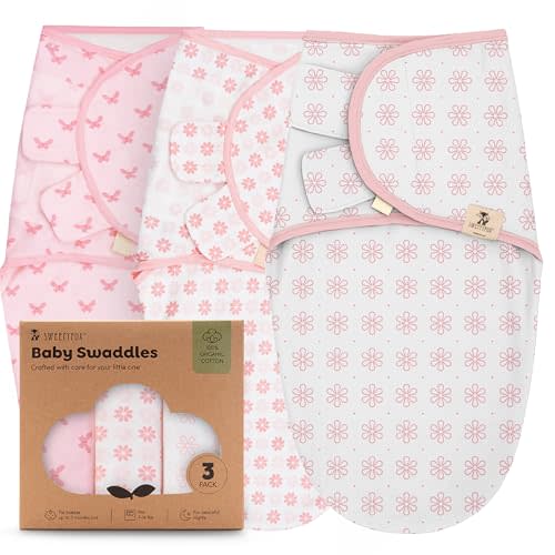 Sweety Fox 3-Pack Organic Baby Swaddle Sleep Sacks - Swaddles for Newborns, Infant 0-3 Months, Baby Girls, Boys, Soft & Snug Newborn Sleep Sack, Nursery Swaddling Blankets, Velcro Closure (Dagonfly)