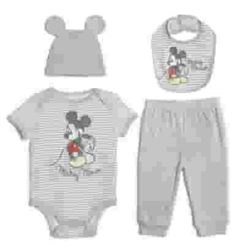 Disney Mickey Mouse Bodysuit, Pants, Bib and Hat 4 Piece Outfit Set Newborn to Infant