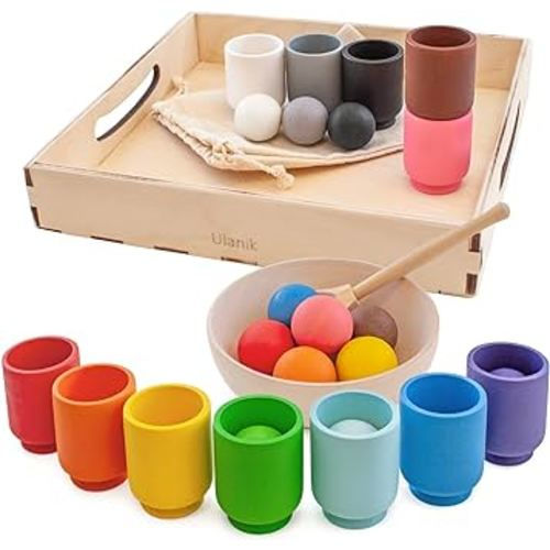 Ulanik Balls in Cups Toddler Montessori Toys for 1 Year Old + Kids Preschool Wooden Matching Games for Learning Color Sorting and Counting