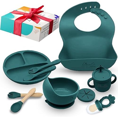 Silicone Baby Feeding Set | Empower Your Little One's Independence - Baby Led Weaning Feeding Supplies for Toddlers with Suction Plates, Suction Bowl, Bibs, Suction Cup, Spoons & Forks (Green Spruce)
