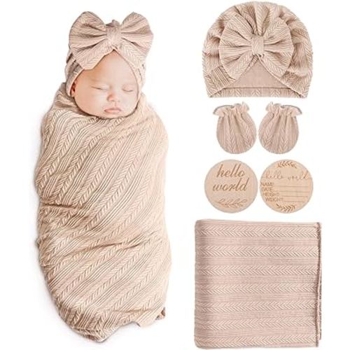 Newborn Receiving Blanket with Bow Hat Mittens Wooden Card Set Wheat-Pattern Newborns Toddler Baby Boy Girl Nursery Swaddle Wrap