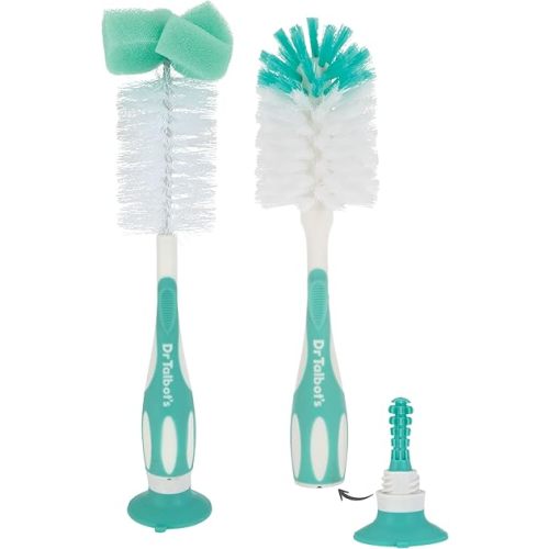 Dr. Talbot’s Bottle and Nipple Brush, Soft Nylon Bristles, Sponge Top, Handle with Suction Base, 2 Pack, Aqua