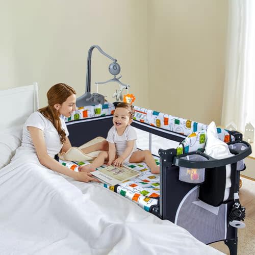 PEARLOVE 5 in 1 Baby Bassinet, Bedside Bassinet for Baby, Pack and Play with Changing Table, Portable Crib with Mattress, Music Box, Carry Bag for Newborn to Toddles