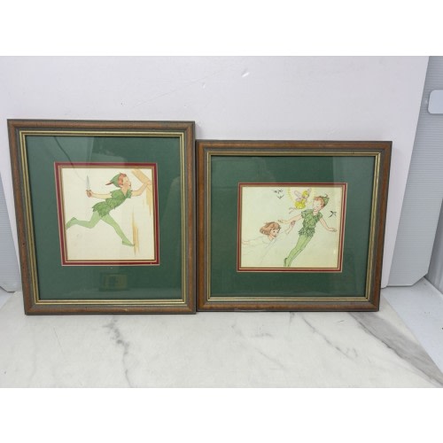 Pair Of VTG Peter Pan Prints Matted And Framed Nursery Kids Room Playroom Art