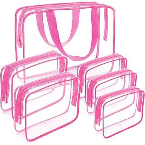 APREUTY Clear Makeup Bags, TSA Approved 6 Pcs Cosmetic Makeup Bags Set Clear PVC with Zipper Handle Portable Travel Luggage Pouch Airport Airline Vacation Organization (Rose Red)