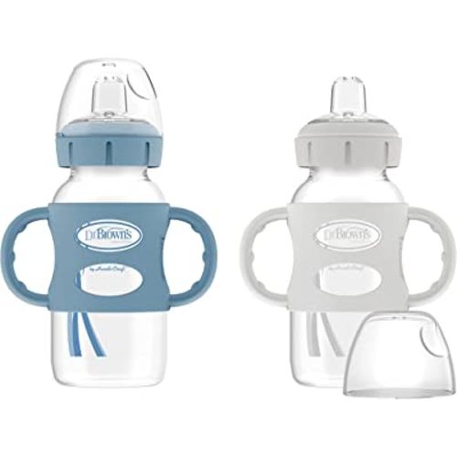 Dr. Brown's Milestones Wide-Neck Sippy Spout Bottle with 100% Silicone Handles, Easy-Grip Handles with Soft Sippy Spout, 9oz/270mL, Light-Blue & Gray, 2-Pack, 6m+