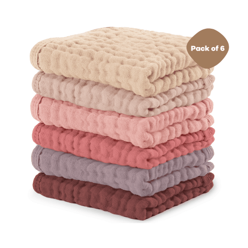 Comfy Cubs Baby Washcloths, Muslin Cotton Baby Towels, Large 10”x10” Wash Cloths (Multi Girl, Pack of 6)