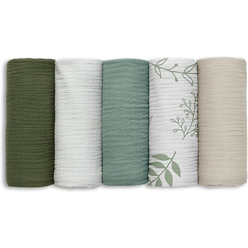 Muslin Receiving Blankets, Neutral Blanket Swaddling for Newborn Boys and Girls, 5 Pack Breathable and Skin-Friendly Swaddle Wrap for Infant Baby (Bright Leaves)