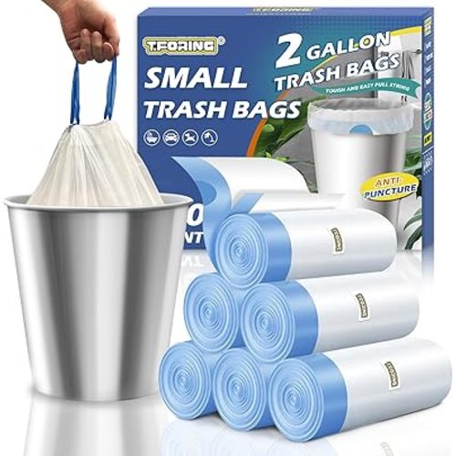 2 Gallon Trash Bags Drawstring 0.96 Mil - 120 Count Small Garbage Bags Unscented,White Mini Trash Can Liners Strong Little Waste Basket Bags 7.5 Liter for Home Bathroom Office Car