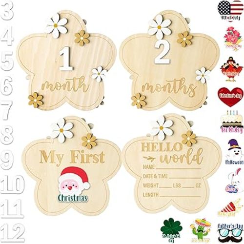 R HORSE 25Pcs Baby Monthly Milestone Cards, Wooden, 6.3 x 6 Inches, Classic Floral Theme, Magnetic Mount, U-Shape, White and Beige, Baby Gifts, Milestone Tracking