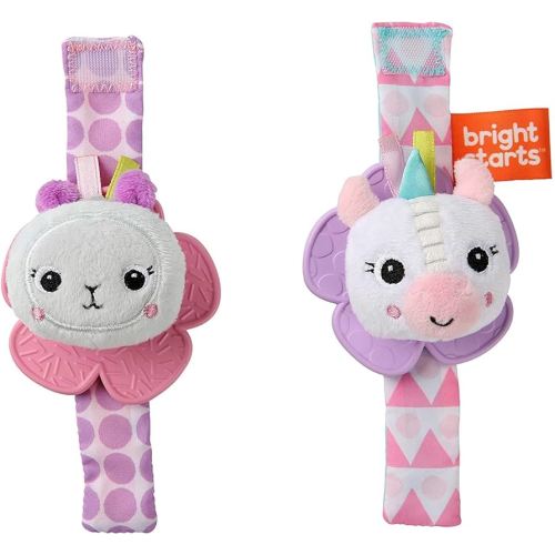 Bright Starts Rattle & Teethe Wrist Pals Toy, Unicorn & Llama, Newborn+, 2 Count