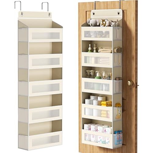 Over The Door Organizer with 5 Large Pockets, Over the Door Storage 10 Side Pocket 44 lb Load Behind Door Storage, Closet Door Organizer Hanging Shelf for Wall Bathroom Bedroom Nursery, 5-Tier Beige