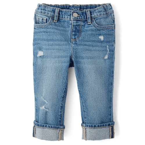 Toddler Girls Ripped Roll Cuff Straight Jeans - Blue