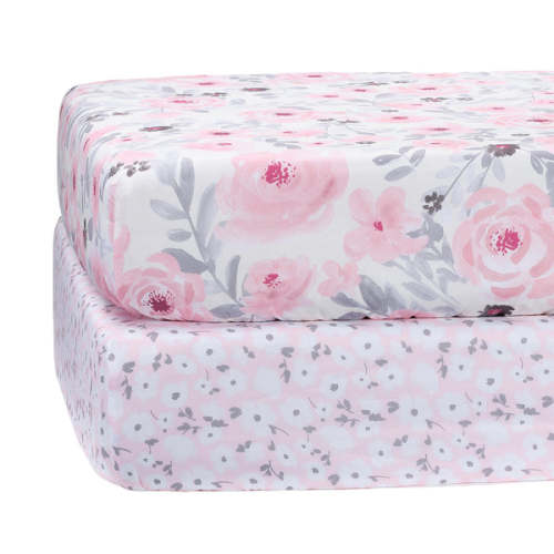 Floral Pink/Gray 2-Pack Fitted Crib/Toddler Sheet Set- Flower – Lambs & Ivy
