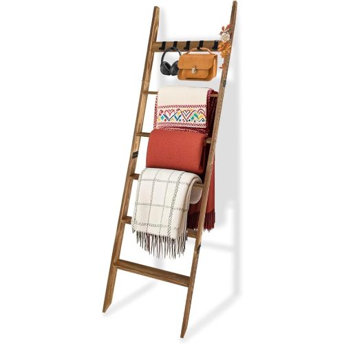 Rustic Blanket Ladder for Bedroom & Living Room - 5.66 Ft Light Brown Wooden Display Rack with 6 Tiers & 5 Hooks (Scarf/Towel Organizer)