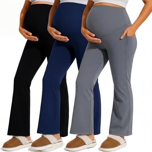 Coume 3 Pack Maternity Flare Leggings Dressy Pregnancy Maternity Pants over the Belly Work Pregnant Sweatpants with Pockets