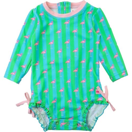 RuffleButts Baby Girls UPF 50+ Sun Protection Floral Printed Long Sleeve One Piece Rash Guard Swimsuit with Zipper