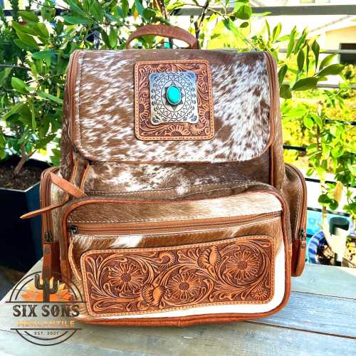 Leather Backpack Women, Handmade Leather Backpack purse, Hair On Cowhide Backpack, Hand Tooled Leather Diaper Bag, Western Purse
