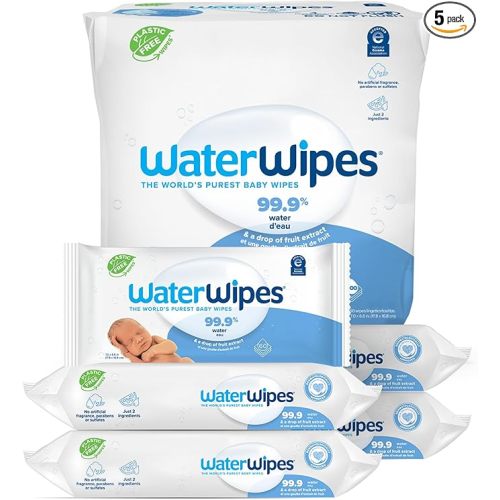 WaterWipes Plastic-Free Original Baby Wipes, 99.9% Water Based Wipes, Unscented & Hypoallergenic for Sensitive Skin, 300 Count (5 packs)