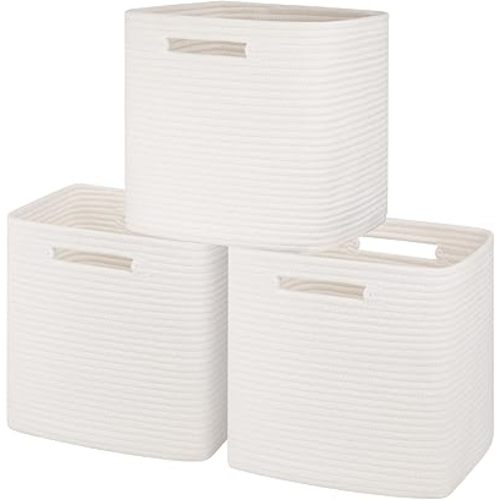 Storage Cube 3 Pack, Woven Rope Storage Baskets for Organizing, 11 * 11 Inches Shelf Basket|Cube Storage Bin|Square Baskets for Living Room, Baby Nursery Room-White
