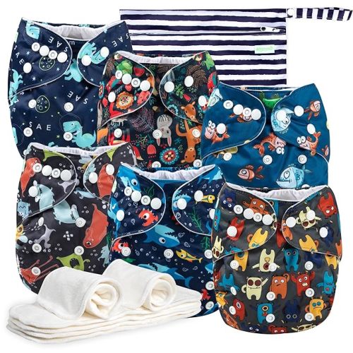 wegreeco Cloth Diapers 6 Pack with 6 Inserts & 1 Wet Bag, Washable Cloth Diapers for Babies, One Size Adjustable Reusable (Warm Colour)