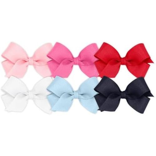 Wee Ones Girls' 6 Piece Set of Bows, Solid Grosgrain Variety Pack on a WeeStay No-Slip Hair Clip, Mini, White, Millennium Blue, Navy, Light Pink, Hot Pink, Red