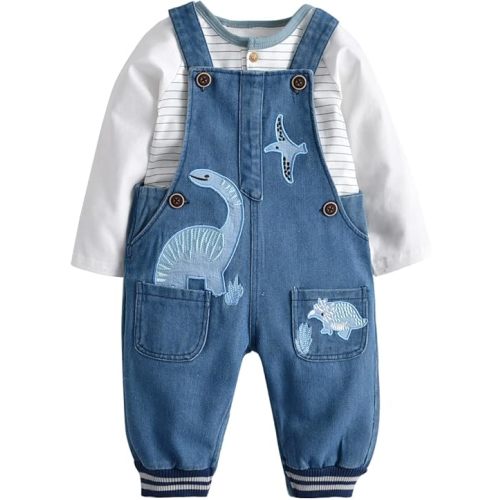 Infant Boy's Romper+Dinosaur Denim Overall