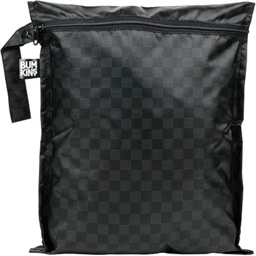 Bumkins Waterproof Wet Bag for Baby, Travel, Swim Suit, Cloth Diapers, Pump Parts, Pool, Gym Clothes, Toiletry, Hook to Stroller, Pack for Daycare, Zipper Reusable Bag, Wetdry Pack Pouch, Black Check