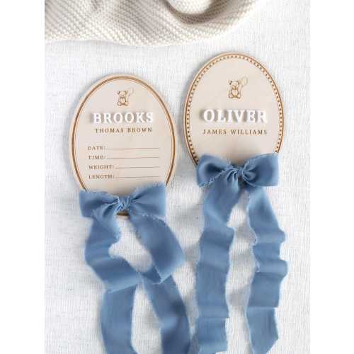 Baby Boy Birth Announcement Sign: Wooden Newborn Hospital Plaque with teddy bear and bow