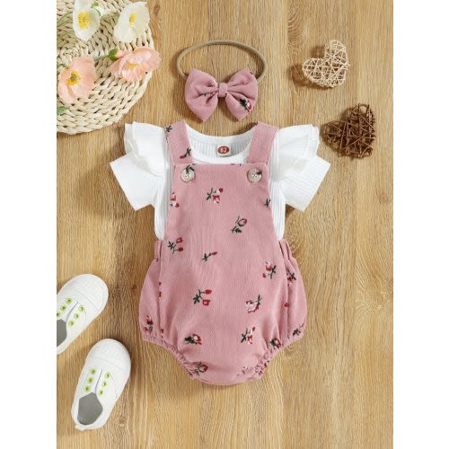 Baby Ruffle Trim Tee & Floral Print Bodysuit Without Headband: 1-3 Months
