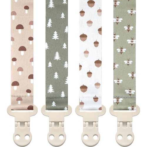 Baby Pacifier Clip Holder - Girl or Boy Unisex 4 Pack Gift Set – Woodland Mushrooms Bees Neutral Green Beige (Forest)