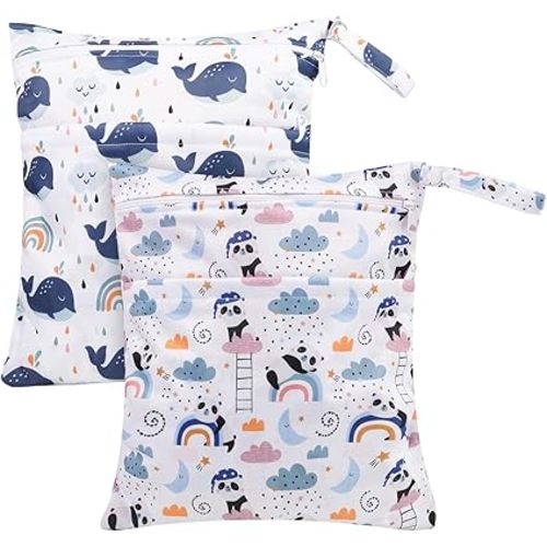 Lot de 2 sacs pour vêtements humides/secs, imperméables avec 2 poches zippées, organiseur de couches pour vêtements humides, natation, gym, piscine, plage, Dauphin bleu + panda noir,