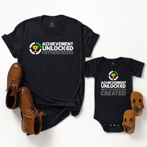 Achievement Unlocked Fatherhood Matching Dad&amp; Me Shirts