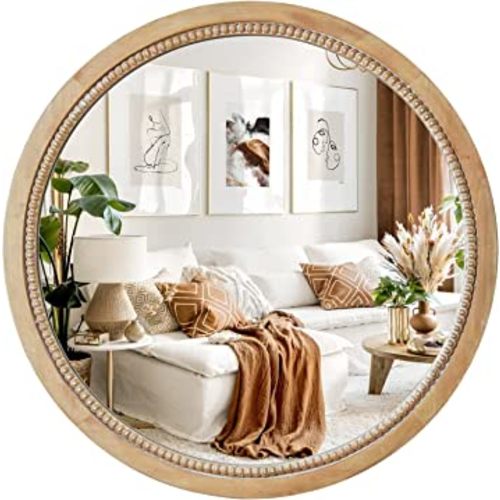 Round Decorative Mirror 24inch Circle Farmhouse Style Mirror Rustic Natural Wooden Frame Beads Mirror for Bedroom, Bathroom, Living Room or Entryway