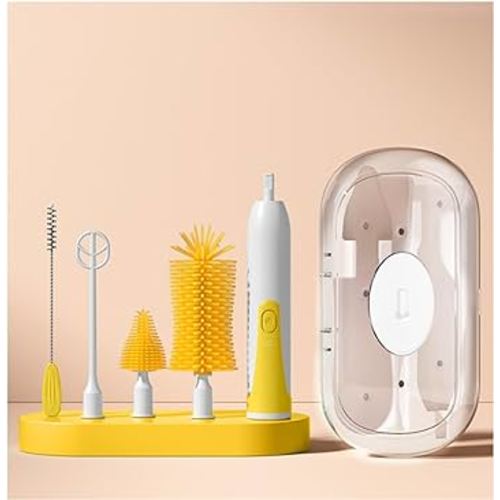 Electric Baby Bottle Brush Travel Set with Automatic Spinning Bottle Brush,Straw Brush and Electric Milk Frother,Suitable for Newborn Babies (Yellow)